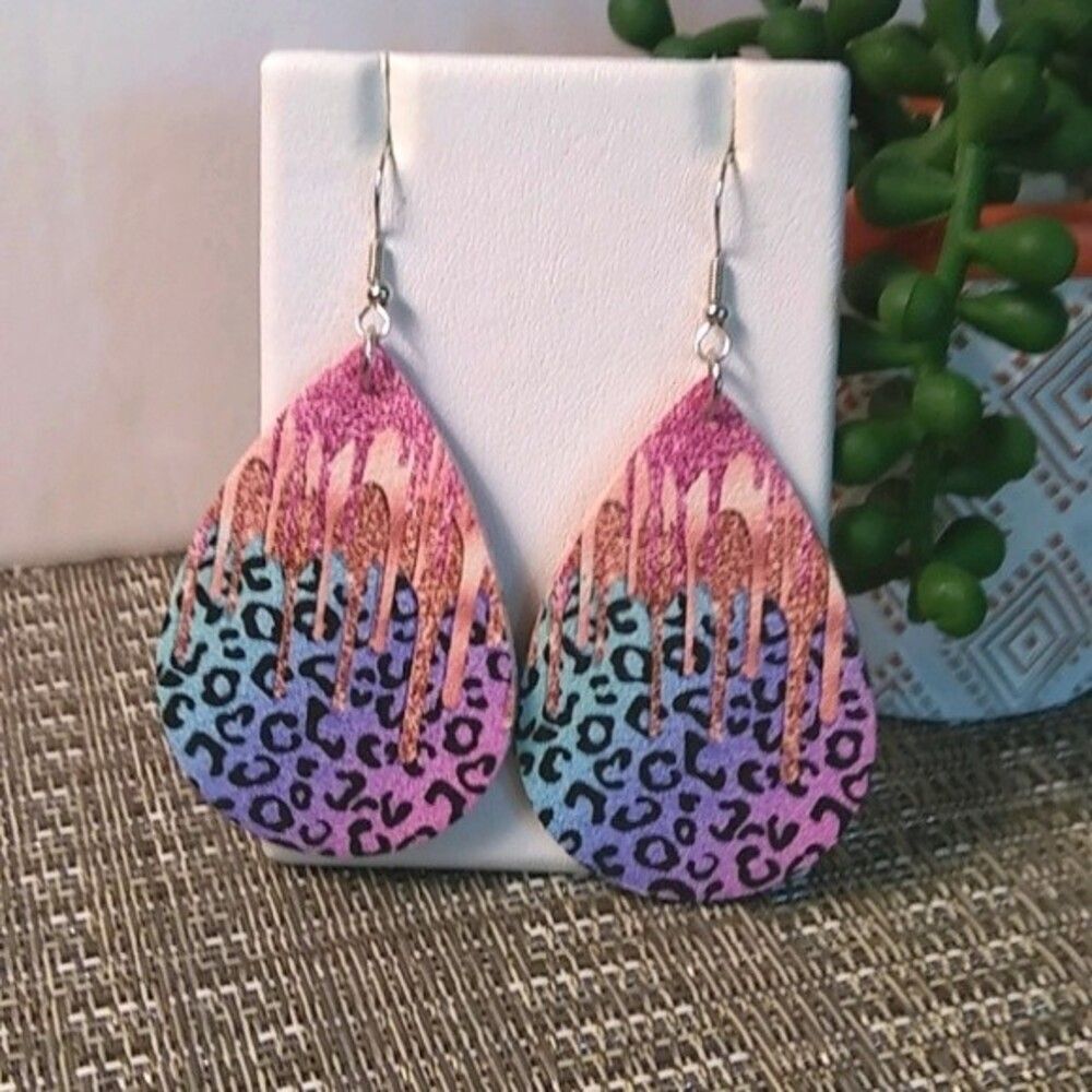 Leopard Print Paint Drizzle Teardrop Earrings